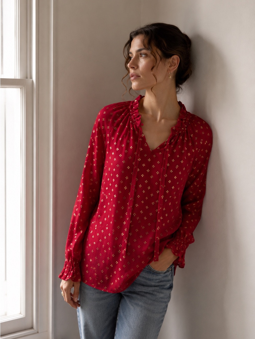NWT Red Foil Ruffle Relaxed Fit Smocked Peasant Edwardian Festival Blouse Sz Med